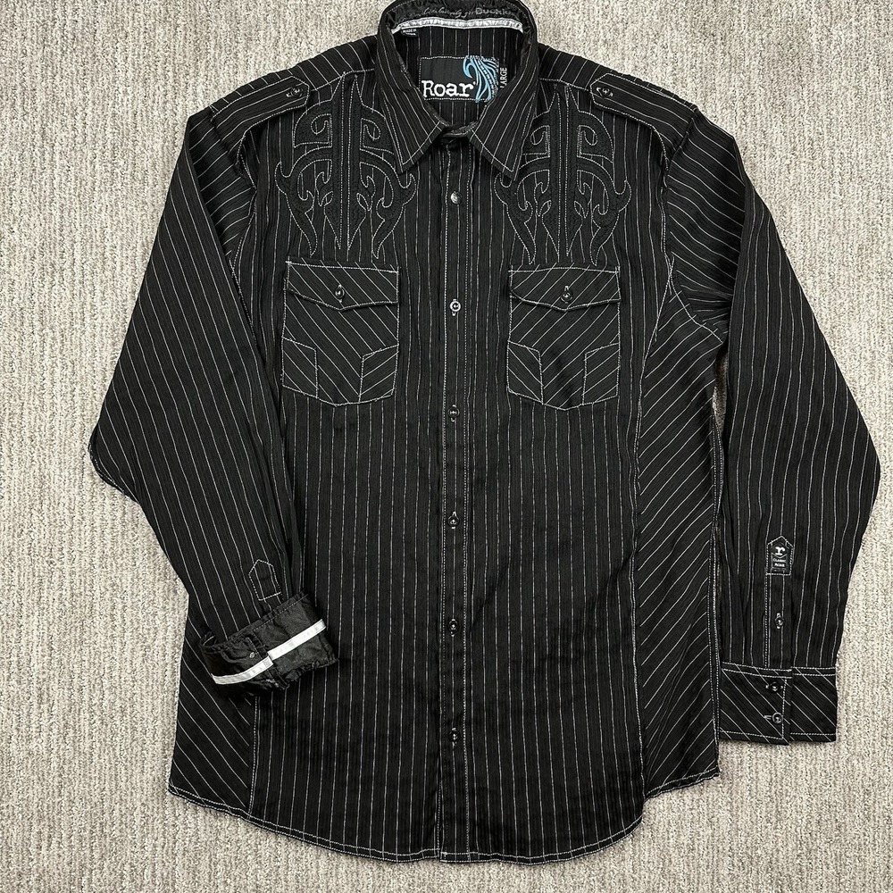 Roar‎ Signature Shirt Mens XL Black Embroidered Front Back Western Rock Cowboy